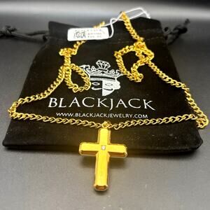 Blackjack BJP176G Mens Gold Stainless Steel Cross Pendant Necklace With CZ NIBWT